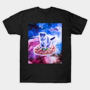 Galaxy Kitty Cat Riding Pizza In Space T-Shirt